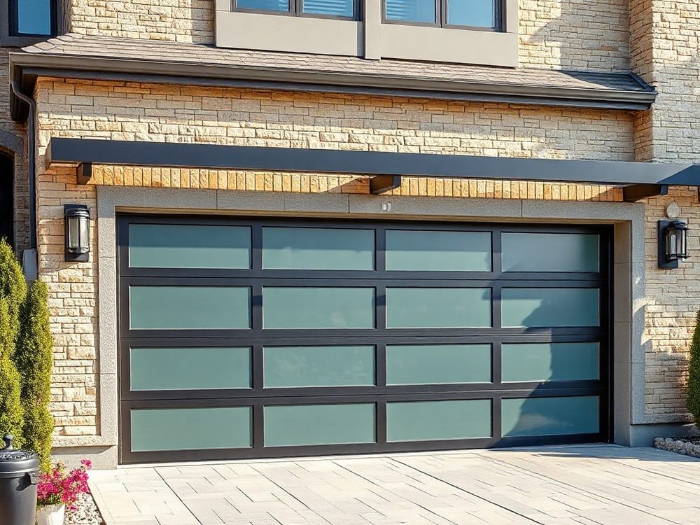 Modern black garage door installed on a contemporary home