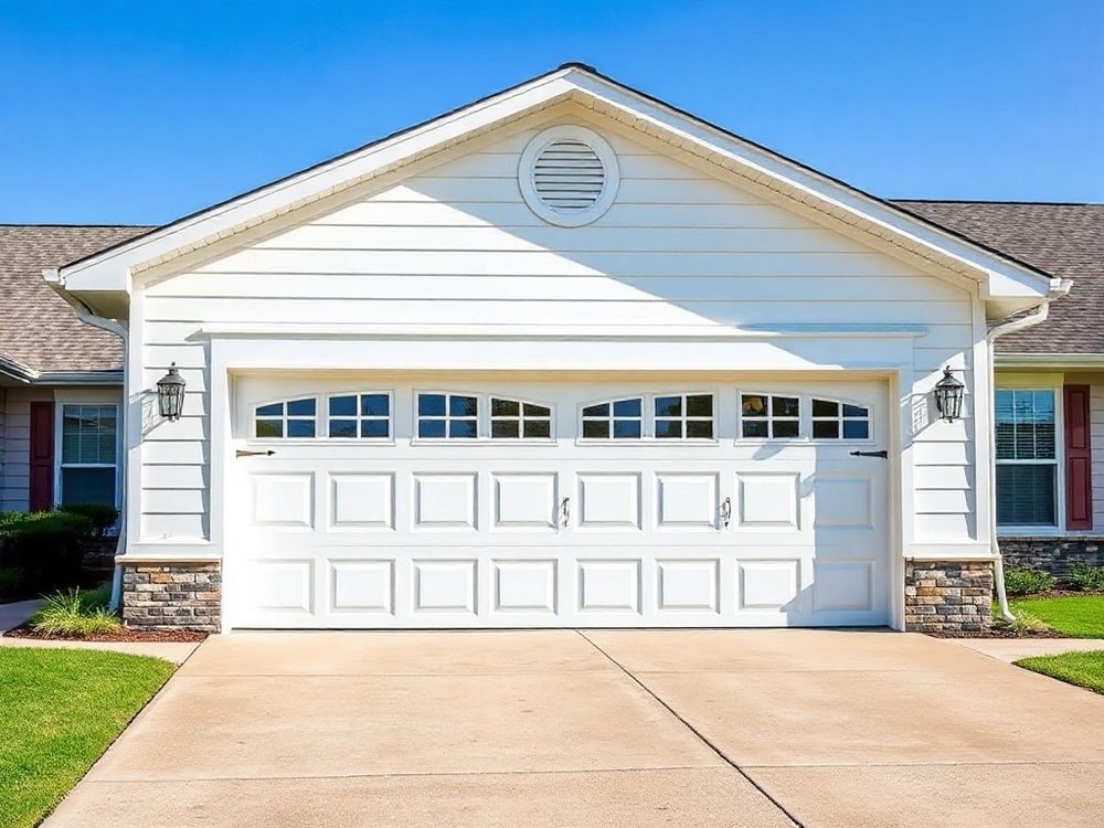 Classic white sectional garage door on a suburban home