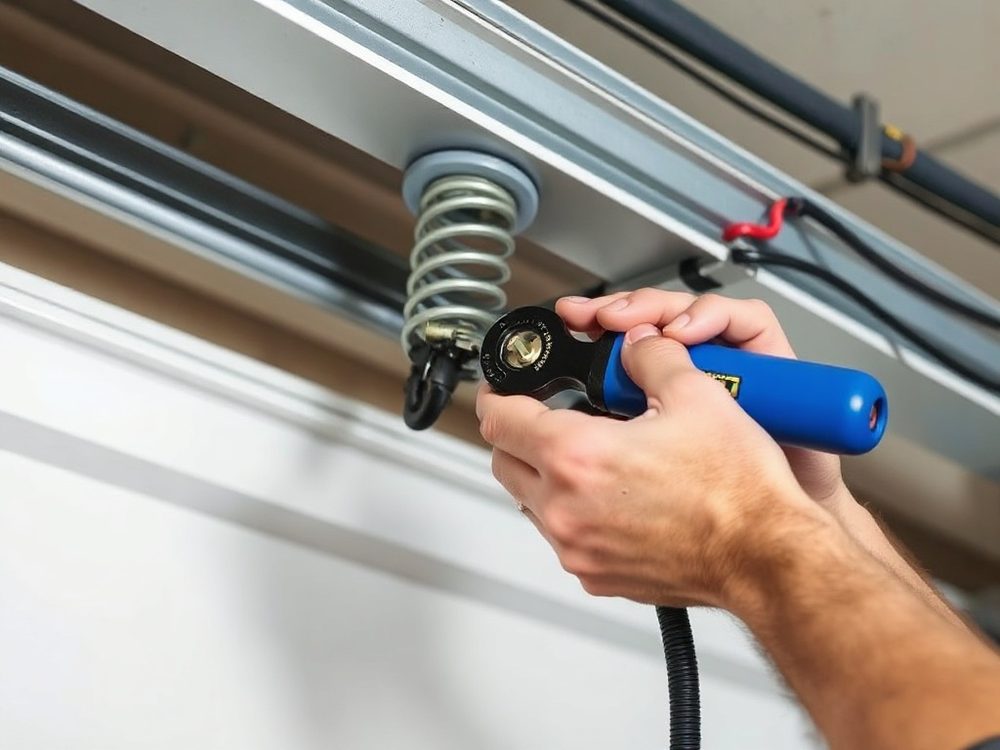 Technician servicing a garage door torsion spring