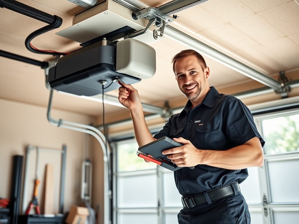 Rise Garage Doors technician servicing a garage door opener and spring